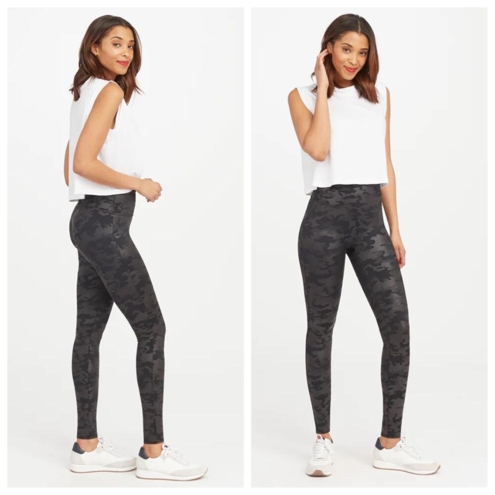 Spanx Black Camo Matte Leggings Size Medium Coated Athletic‎ Athleisure